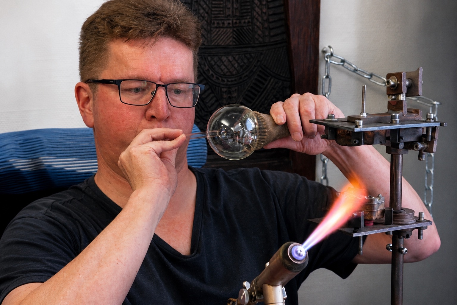 A glassblower shaping a Christmas ornament by hand over a flame