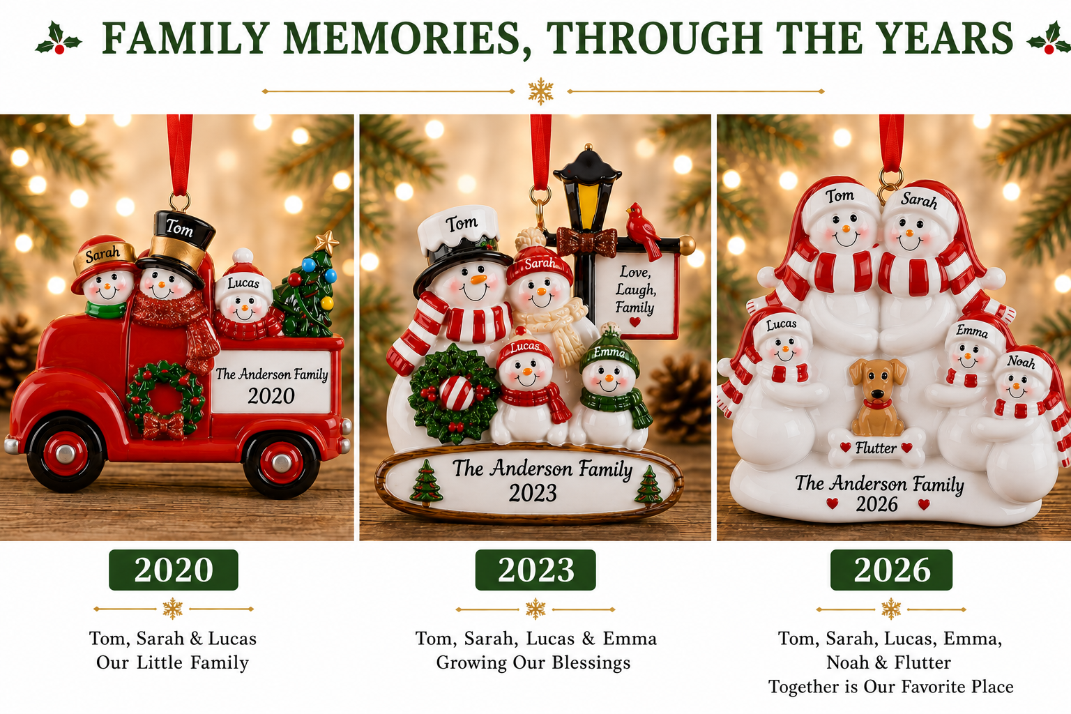 Personalized family Christmas ornaments showing family growth over three years