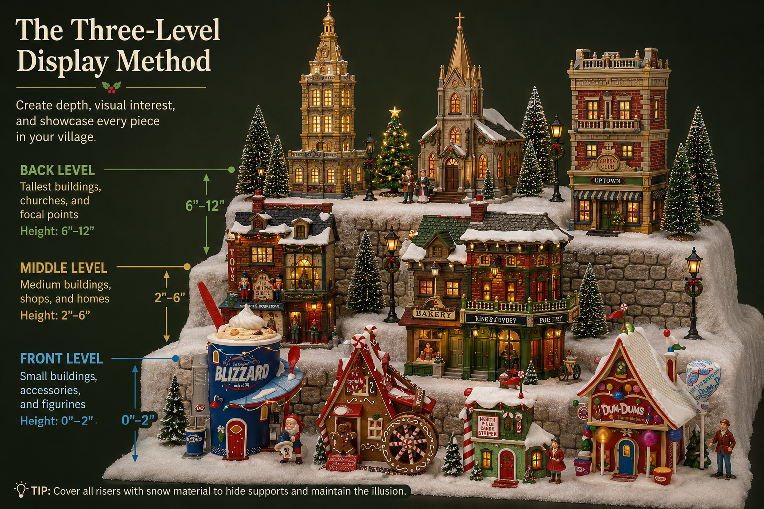 Christmas village display level diagram showing height variation technique