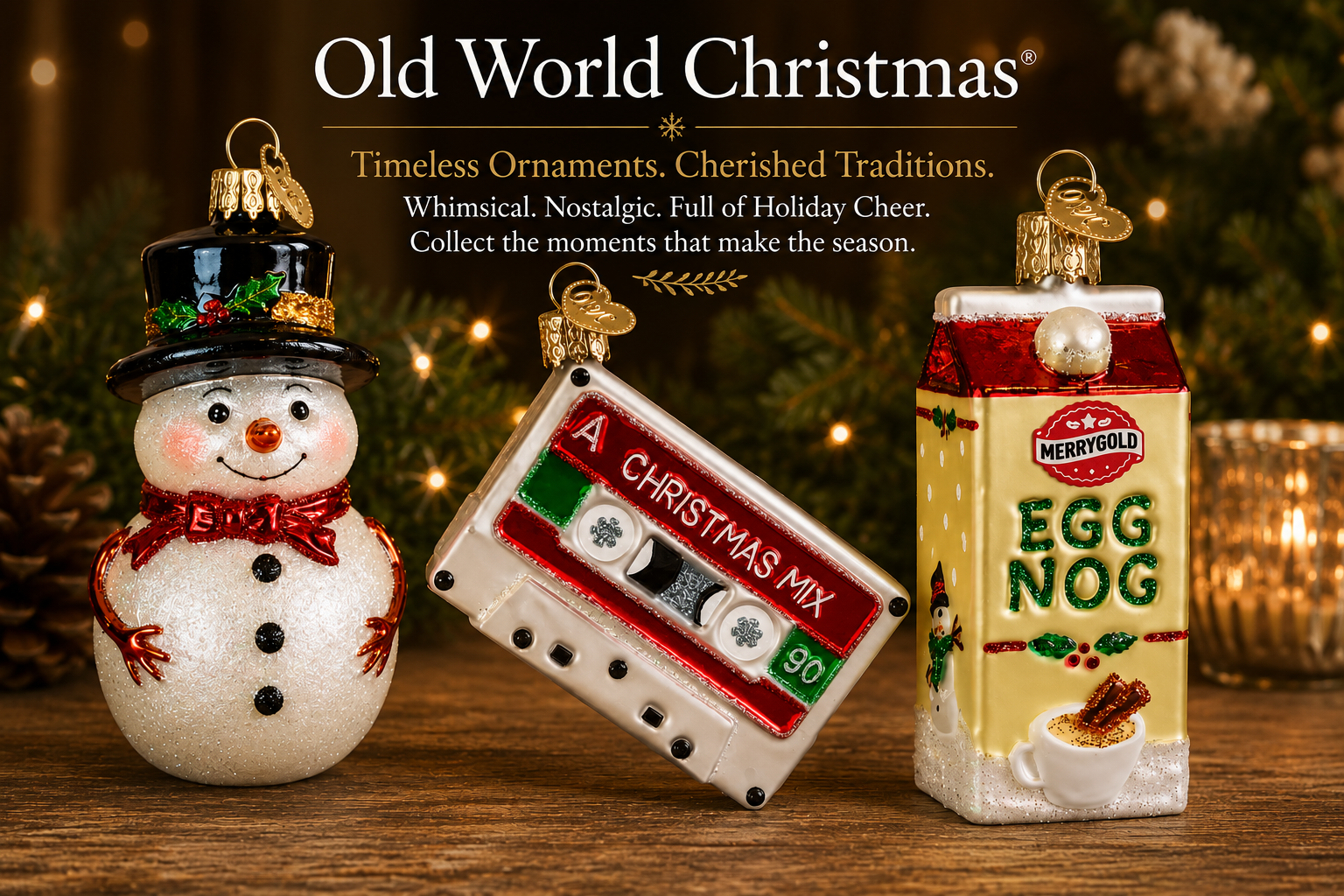 A grouped display of Old World Christmas glass ornaments covering animals, food, and sports subjects