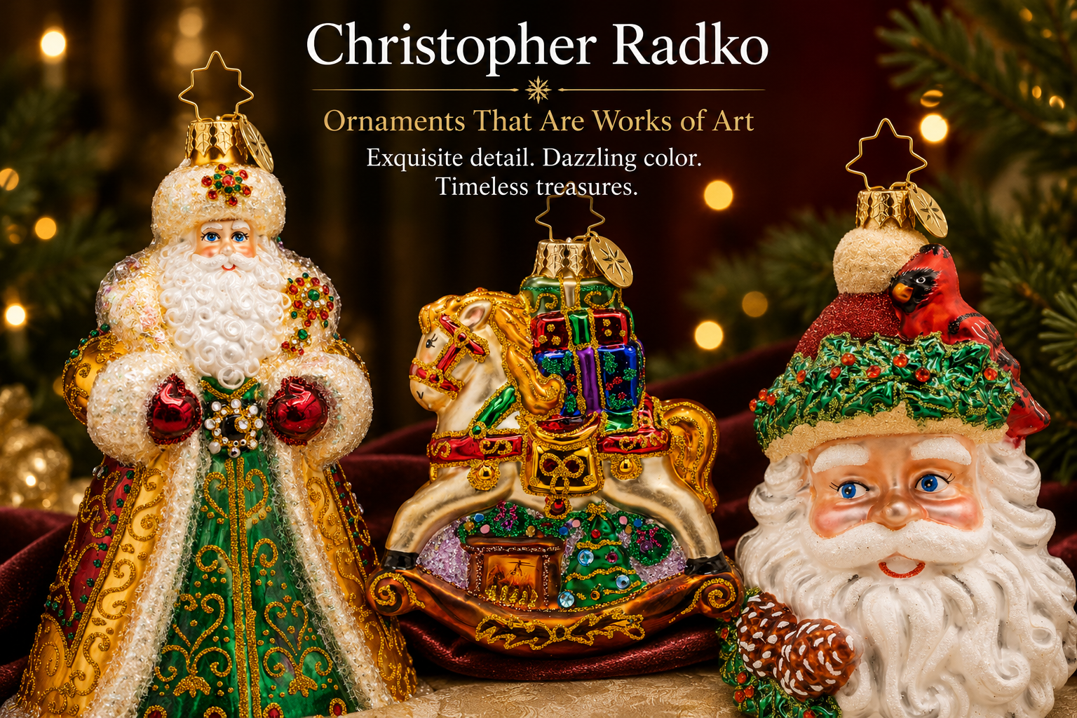 Close-up of a Christopher Radko glass ornament showing applied glitter and multi-pass hand decoration