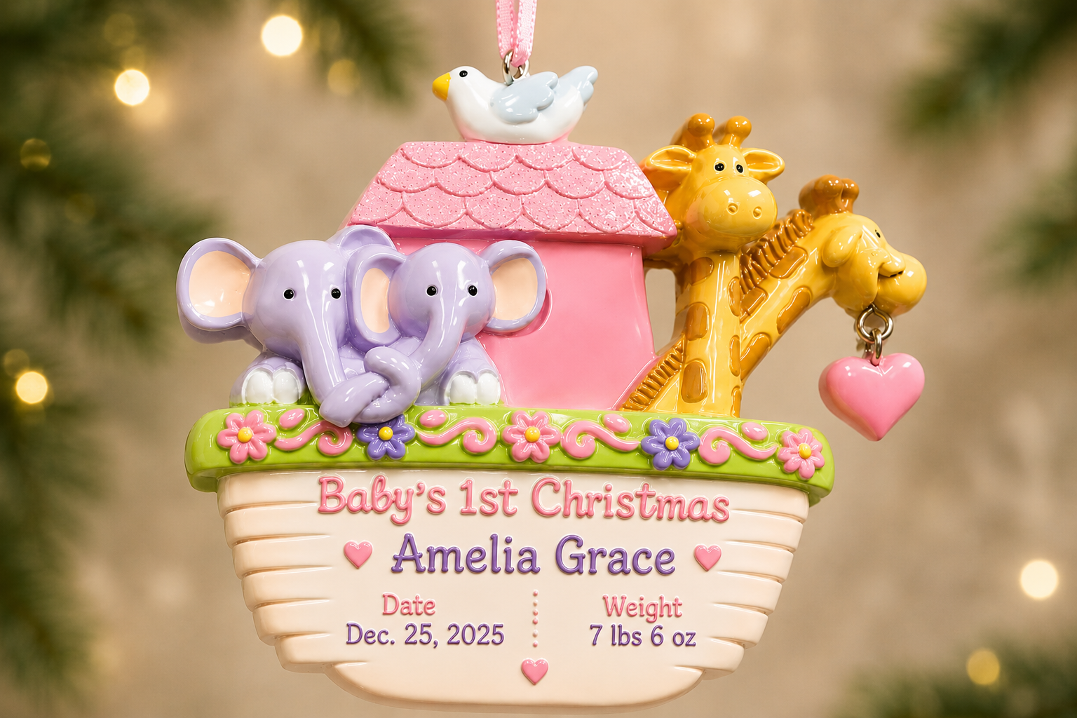 Personalized baby first Christmas ornament with name date and birth details