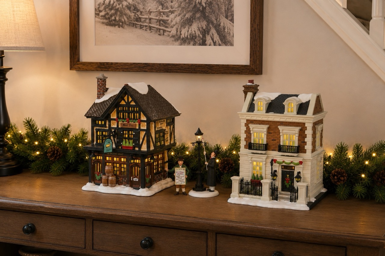 Beginner Christmas village display on console table with proper spacing