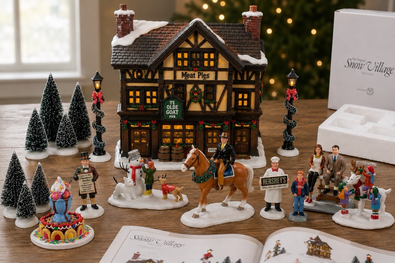 Essential Christmas village accessories including figurines trees and snow