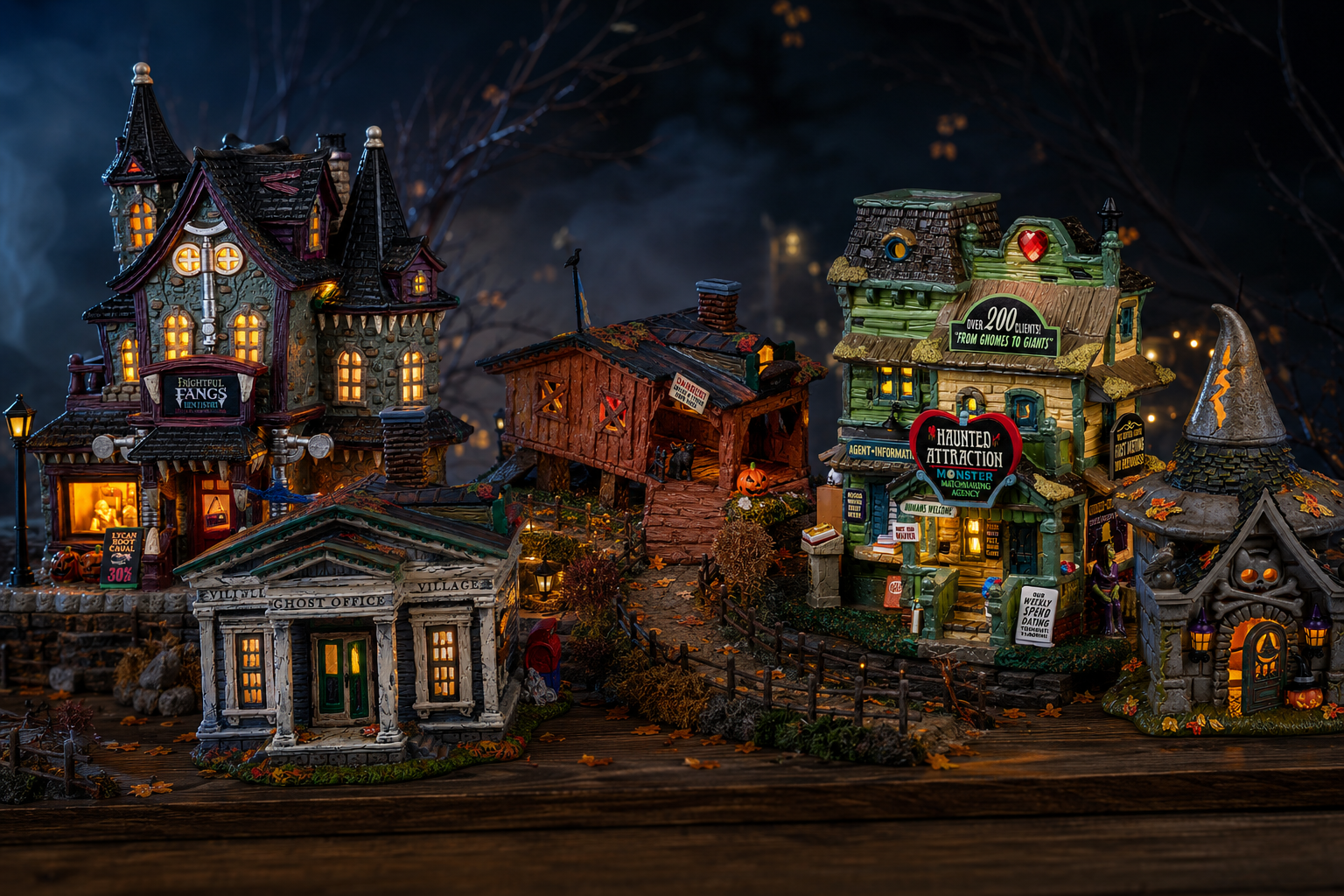 Halloween village display zoned into a Department 56 old town and a Lemax Spooky Town carnival district