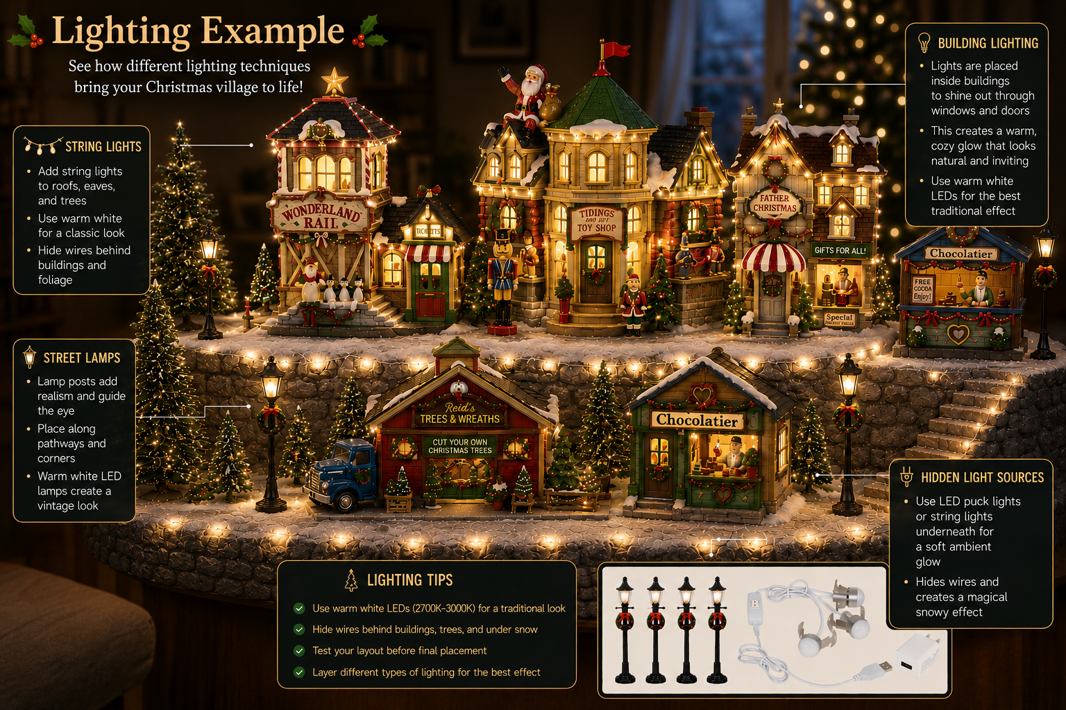 Christmas village display lighting techniques with building and supplemental lights