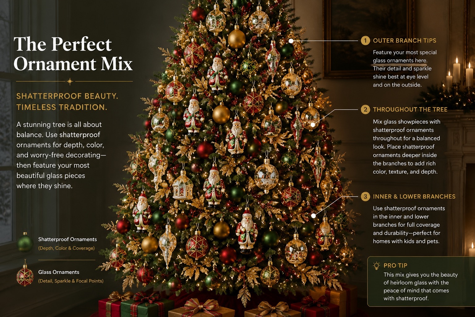 Infographic showing where glass and shatterproof ornaments belong on a Christmas tree: glass on the outer branch tips, a mix throughout, and shatterproof on the inner and lower branches