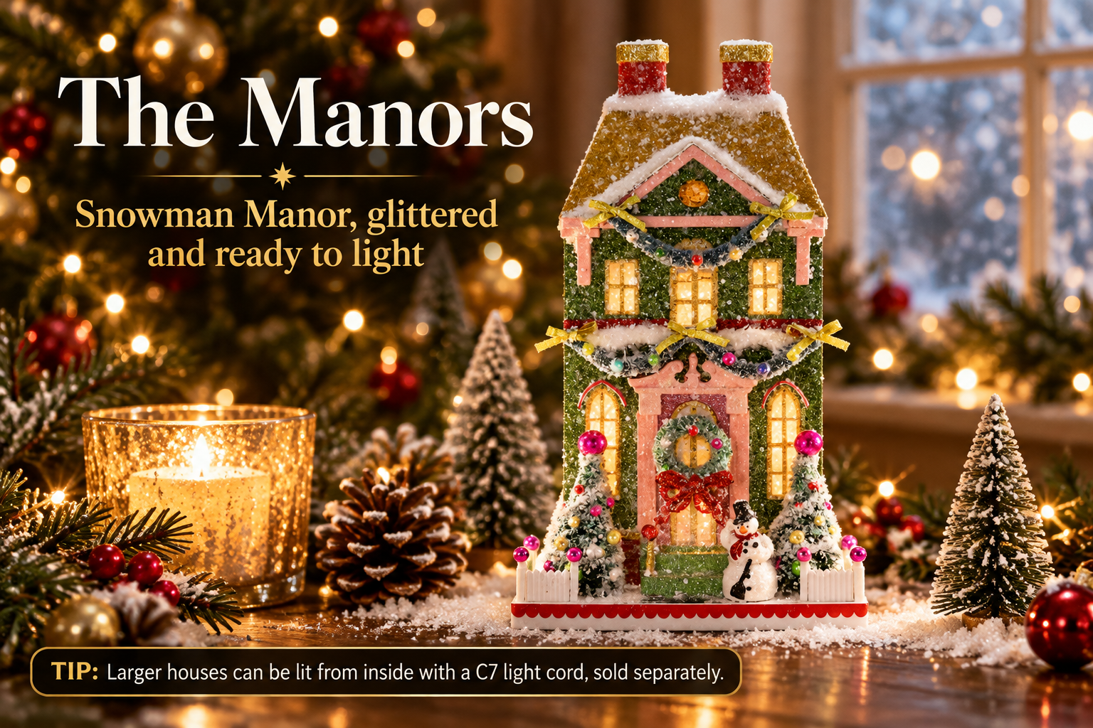 Cody Foster Snowman Manor glittered putz-style Christmas house with bottle brush trees