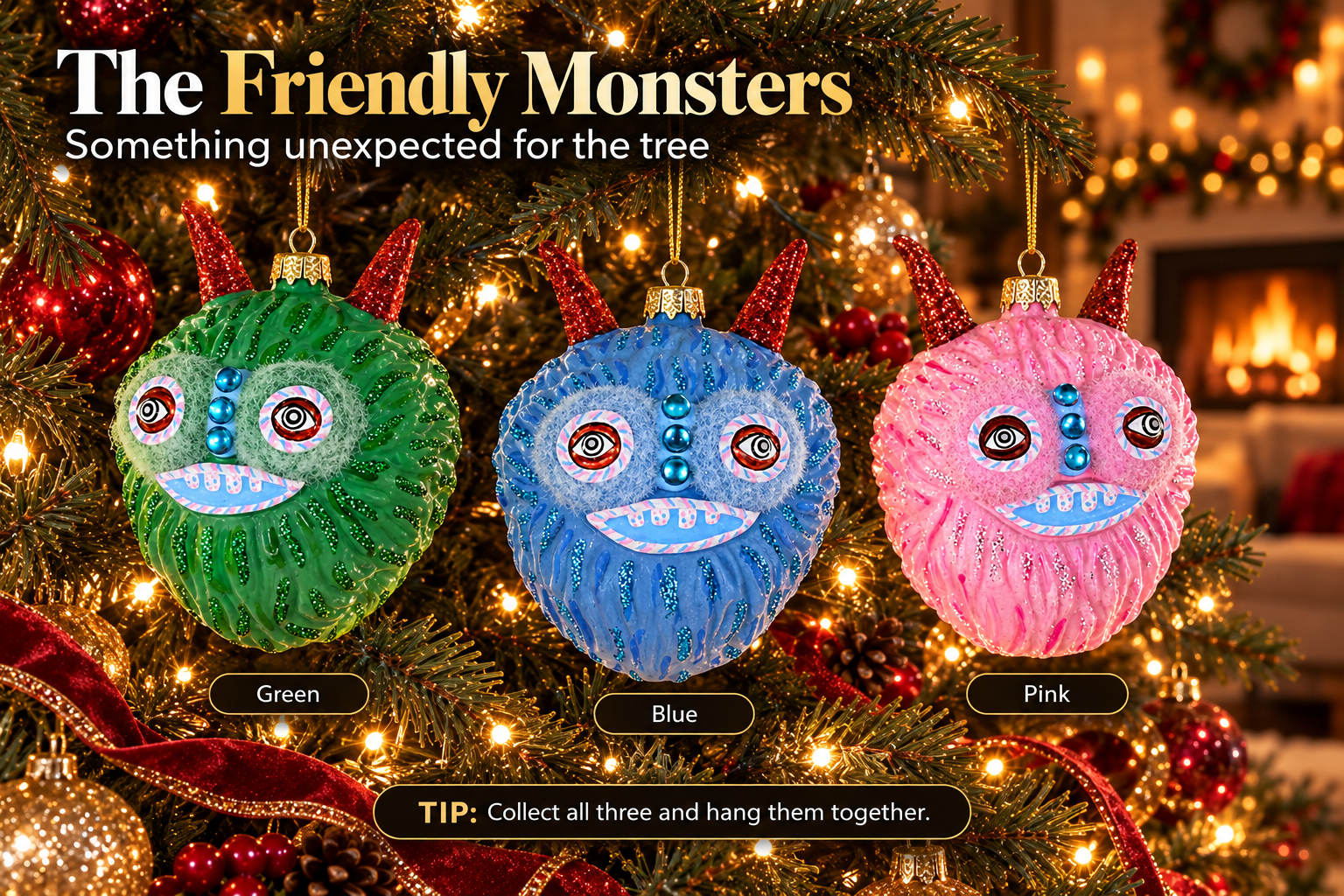 Cody Foster Friendly Monster glass ornaments in green, blue and pink