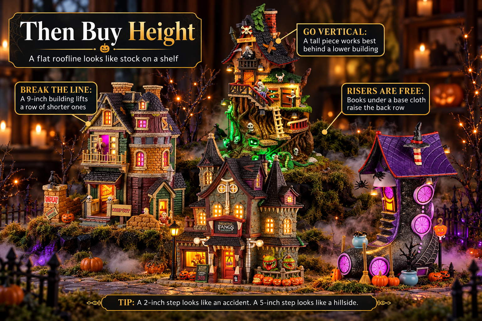 Lemax Spooky Town buildings at varied heights with a tall tree house raised behind a lower building