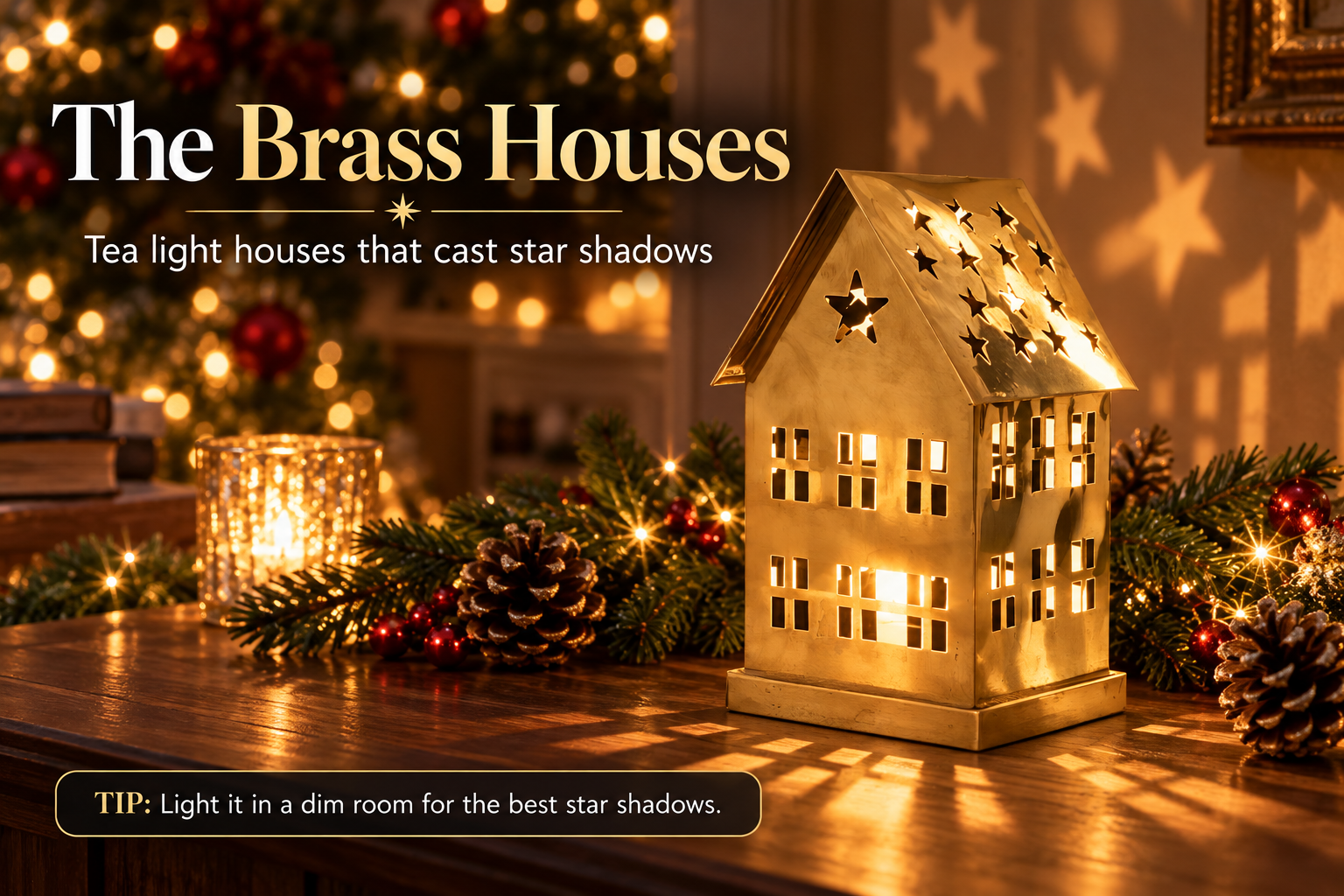 Cody Foster Brass Star Tea Light House casting star shadows