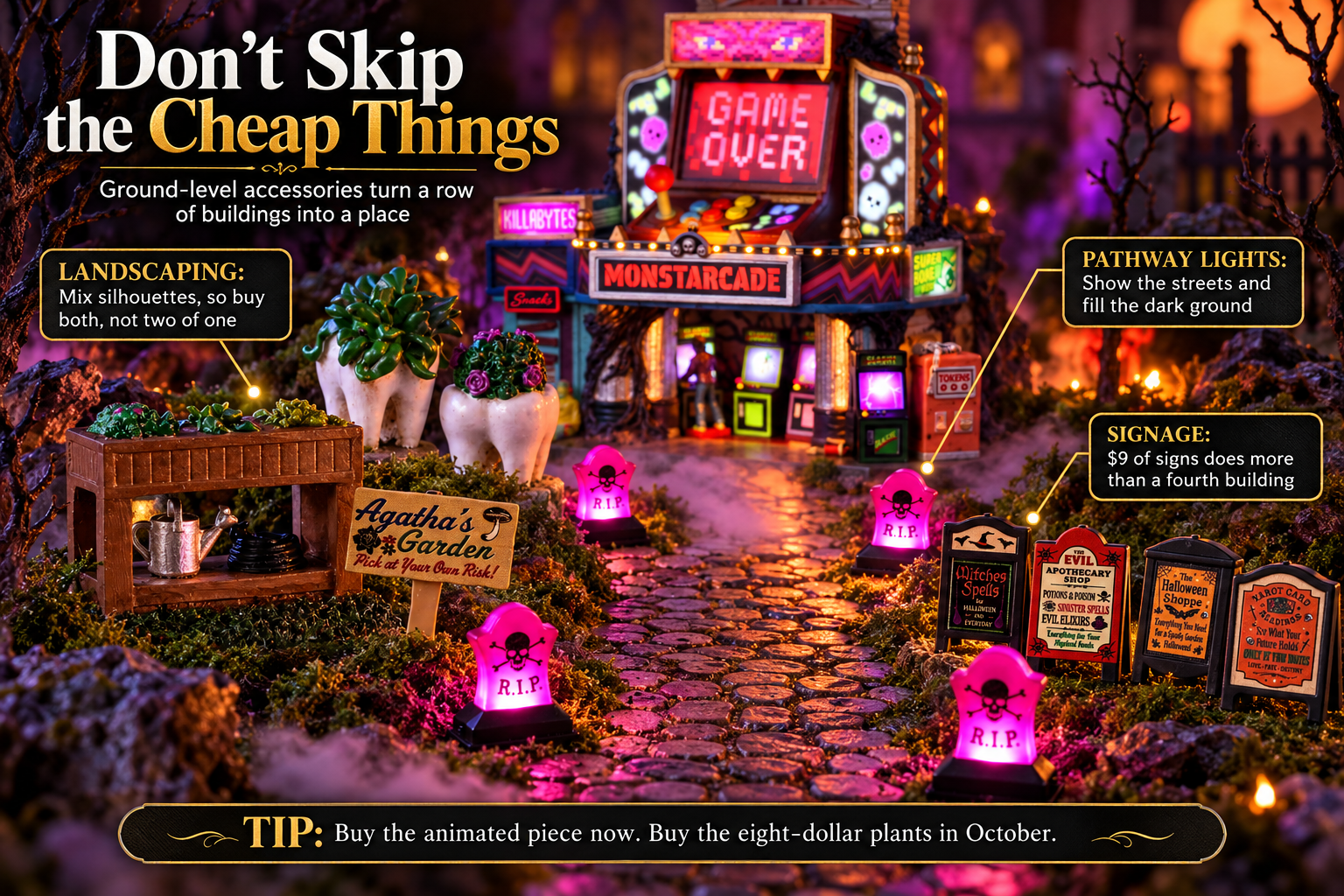Lemax Spooky Town pathway lights, signage and resin landscaping filling the ground between lit buildings