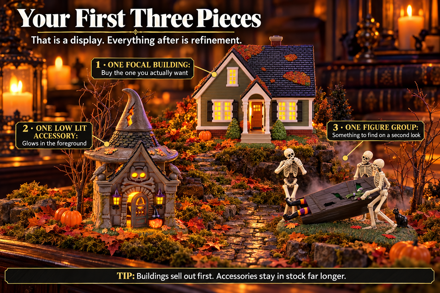 Halloween village zoned into a Lemax Spooky Town carnival district and a Department 56 old town separated by bare trees